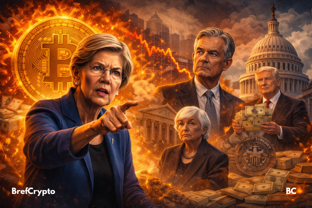 Elizabeth Warren alertant sur le crash de Bitcoin, avec des graphiques de marché en chute et les symboles de marché du Tresor et de la Fed