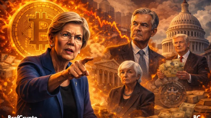 Elizabeth Warren alertant sur le crash de Bitcoin, avec des graphiques de marché en chute et les symboles de marché du Tresor et de la Fed