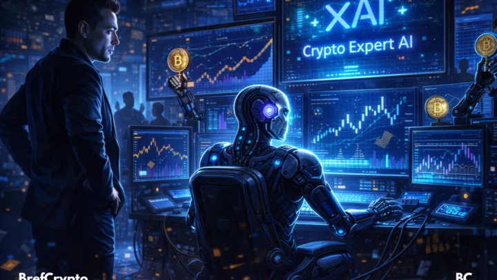 Elon Musk supervise un robot IA de xAI tradant des cryptos sur écrans.