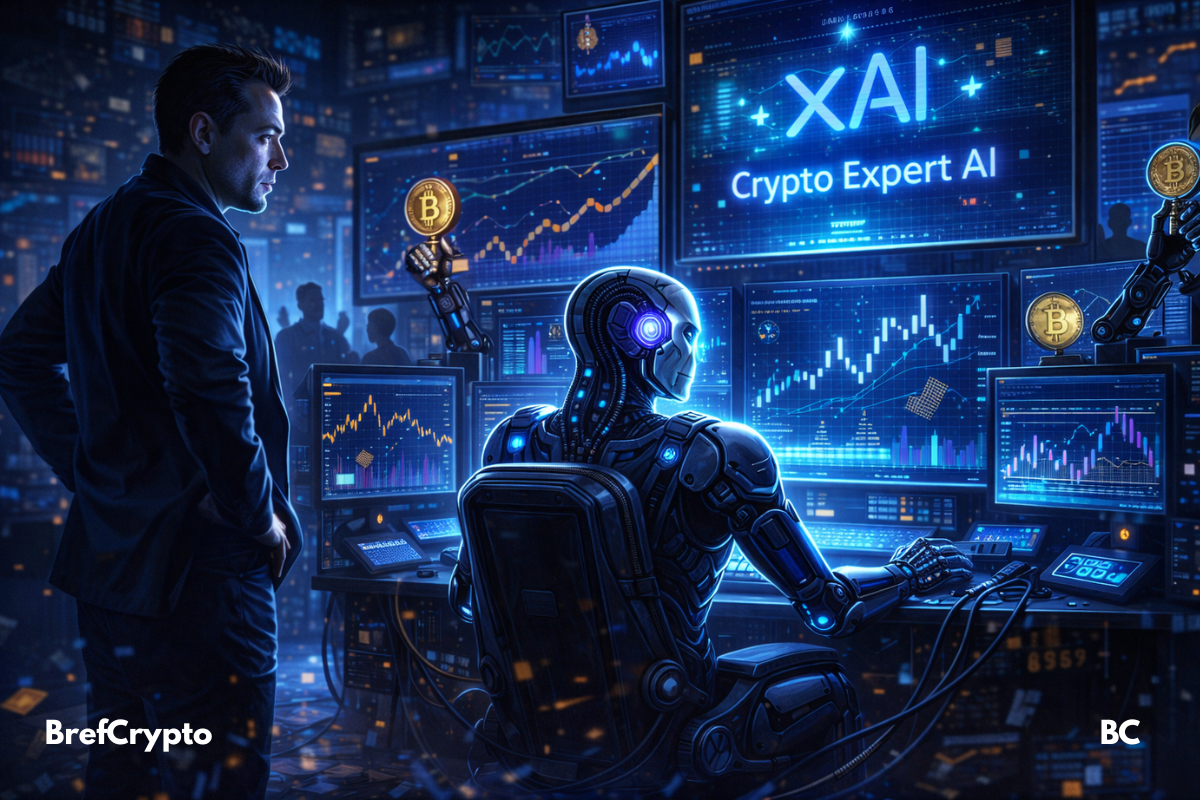 Elon Musk supervise un robot IA de xAI tradant des cryptos sur écrans.