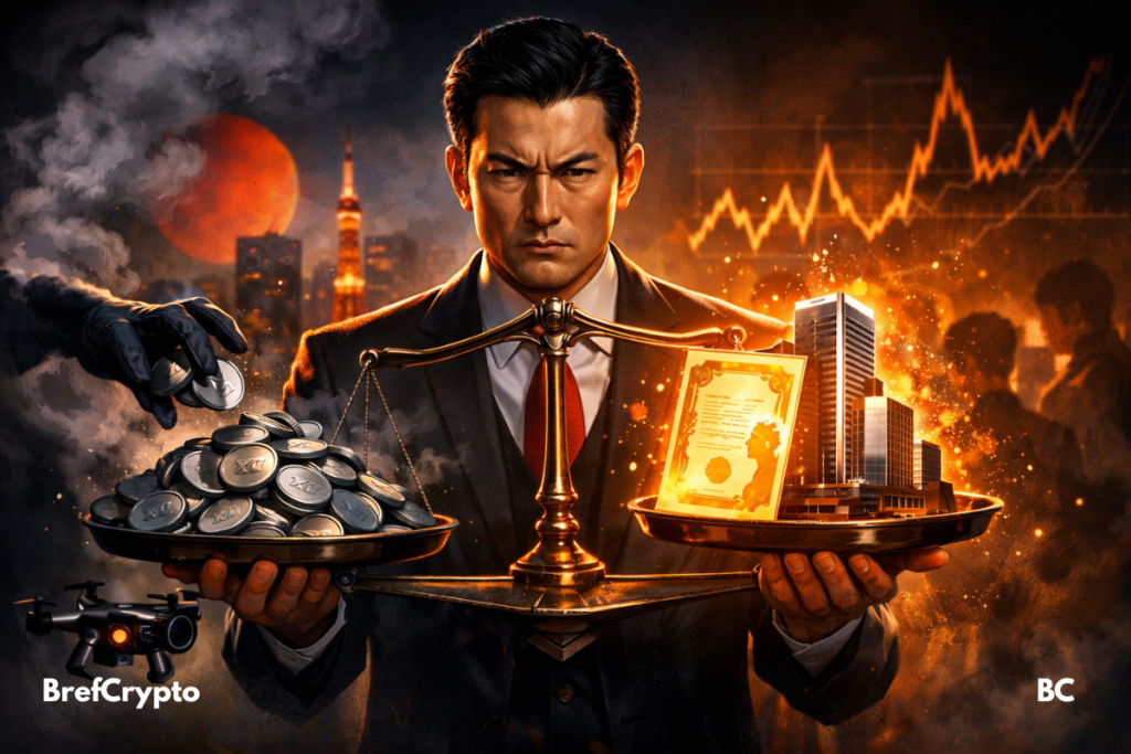 Banquier japonais tenant une balance : tokens vs building Ripple éclairé.