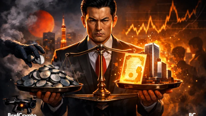 Banquier japonais tenant une balance : tokens vs building Ripple éclairé.