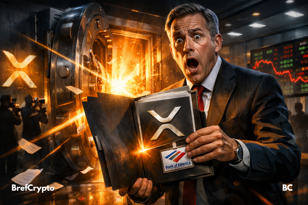 Un homme choqué tient un dossier XRP devant un coffre-fort ouvert,