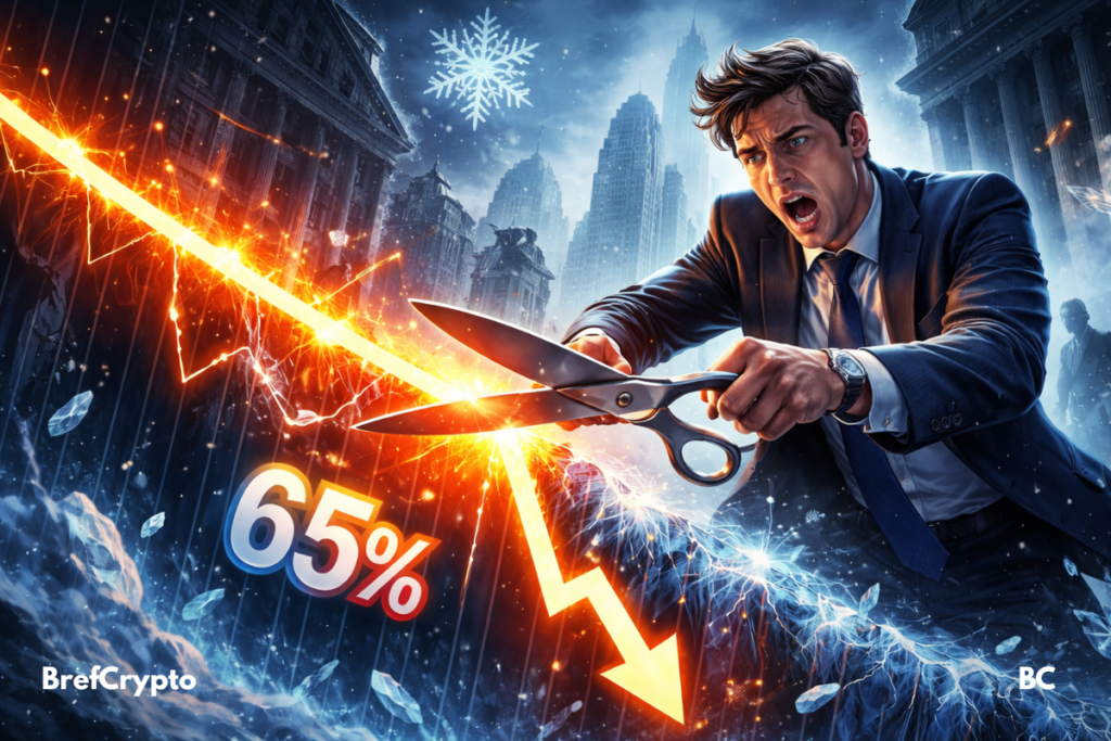 XRP : un géant de Wall Street baisse son objectif de 65% et évoque un « long hiver » Trader choqué coupe une courbe orange en chute, 65%, Wall Street glacé, flocon géant menaçant.