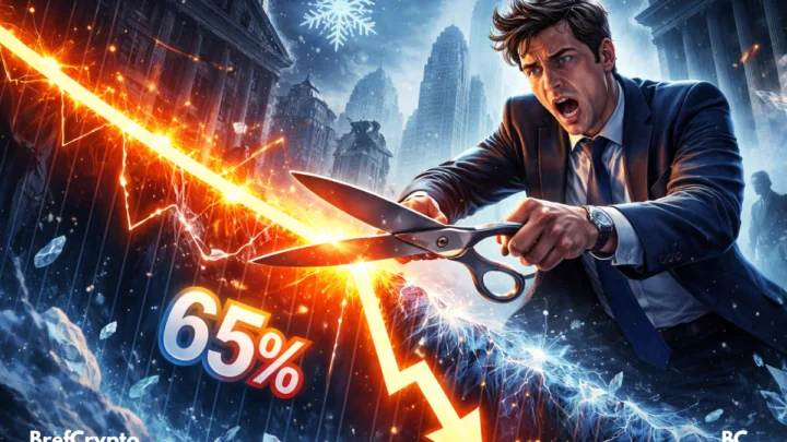 Trader choqué coupe une courbe orange en chute, 65%, Wall Street glacé, flocon géant menaçant.