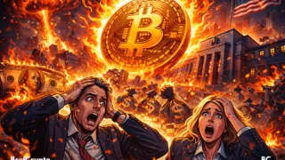 Bitcoin géant en feu avec traders paniqué et destruction du dollar