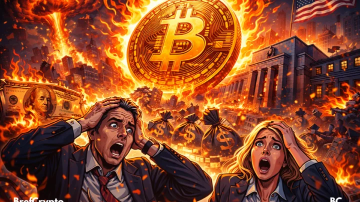 Bitcoin géant en feu avec traders paniqué et destruction du dollar
