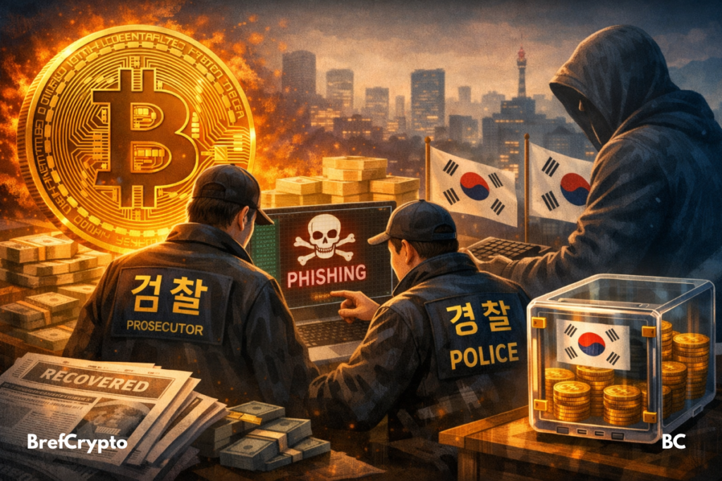 enquêteurs sud-coréens récupérant 320 Bitcoin après une attaque de phishing visant un portefeuille officiel