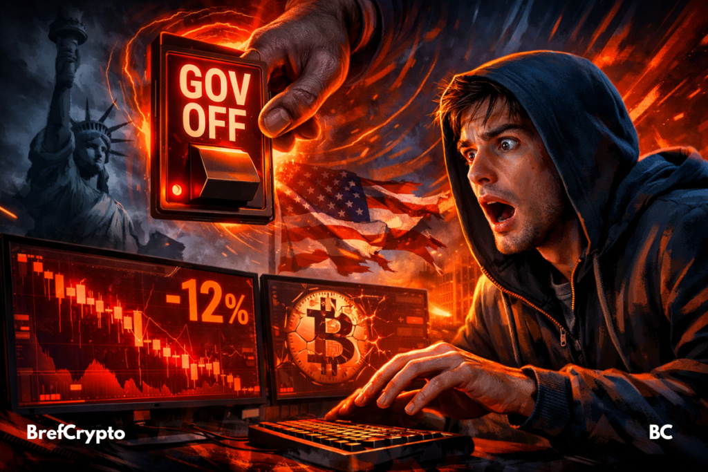Un trader paniqué regarde des écrans rouges tandis qu’une main géante appuie sur un interrupteur "GOV OFF".