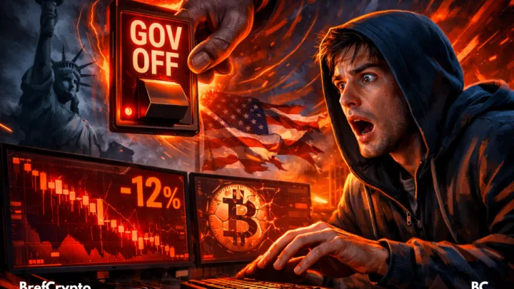 Un trader paniqué regarde des écrans rouges tandis qu’une main géante appuie sur un interrupteur "GOV OFF".