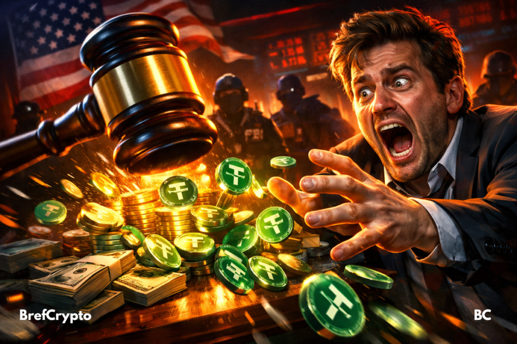 Homme paniqué, marteau de juge et pièces USDt sous tension.