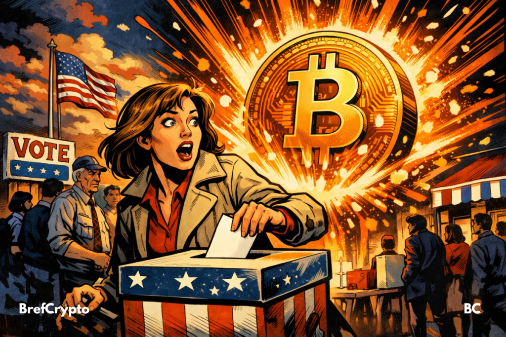 Une votante glisse un bulletin dans une urne tandis qu’un immense Bitcoin jaillit derrière