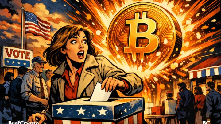 Une votante glisse un bulletin dans une urne tandis qu’un immense Bitcoin jaillit derrière