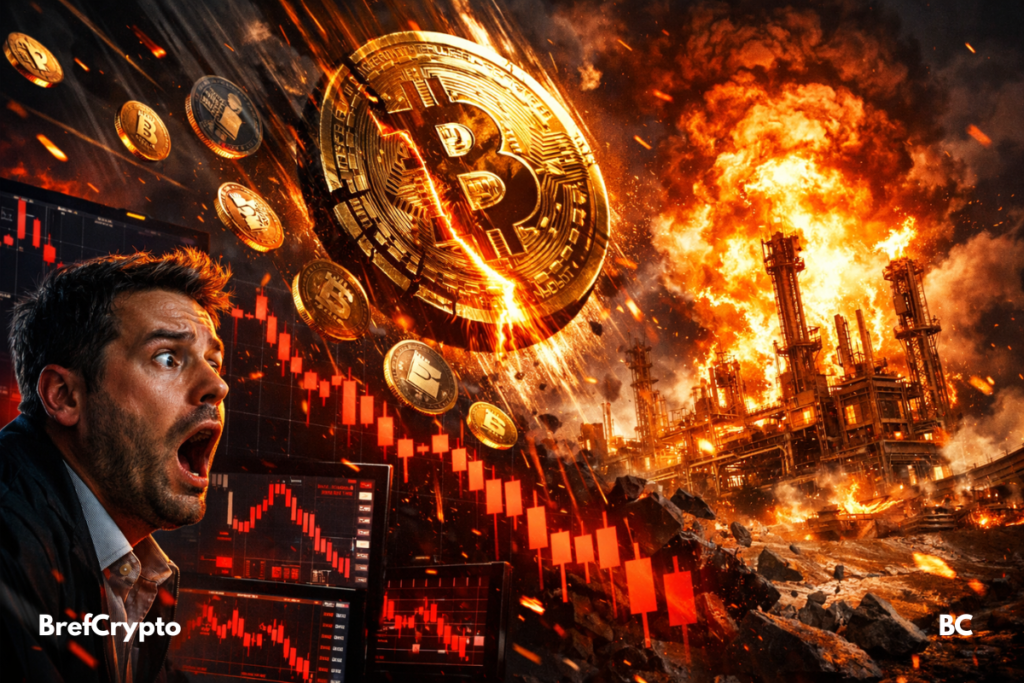 Bitcoin et altcoins chutent devant un site gazier en flammes.