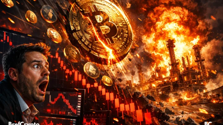 Bitcoin et altcoins chutent devant un site gazier en flammes.