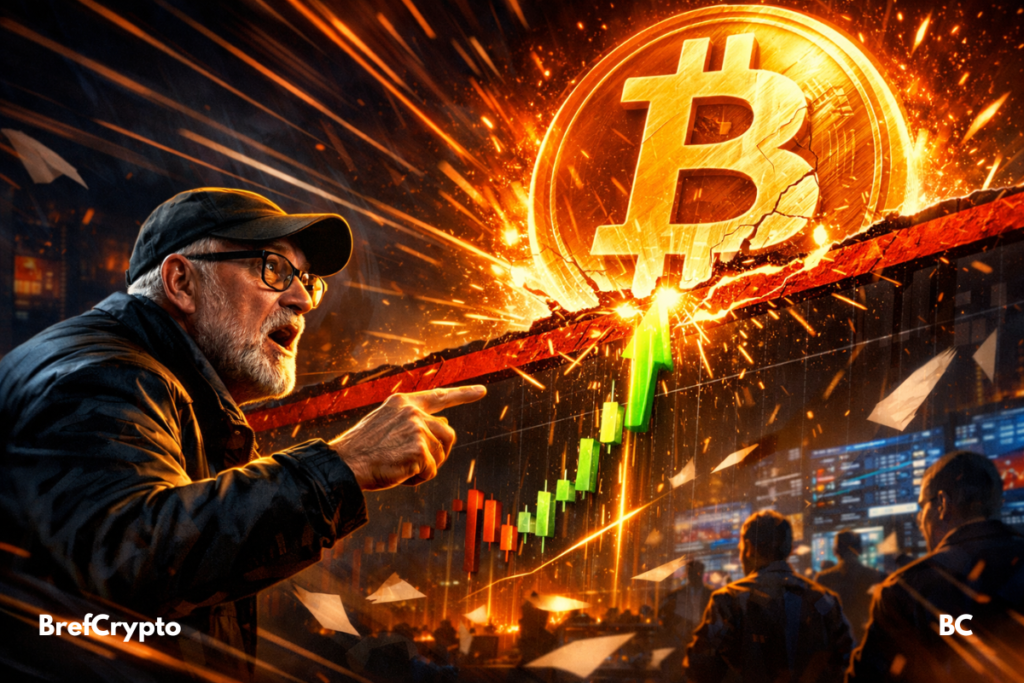 Peter Brandt pointe un Bitcoin lumineux qui brise une résistance sur un graphique.