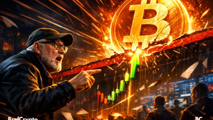 Peter Brandt pointe un Bitcoin lumineux qui brise une résistance sur un graphique.