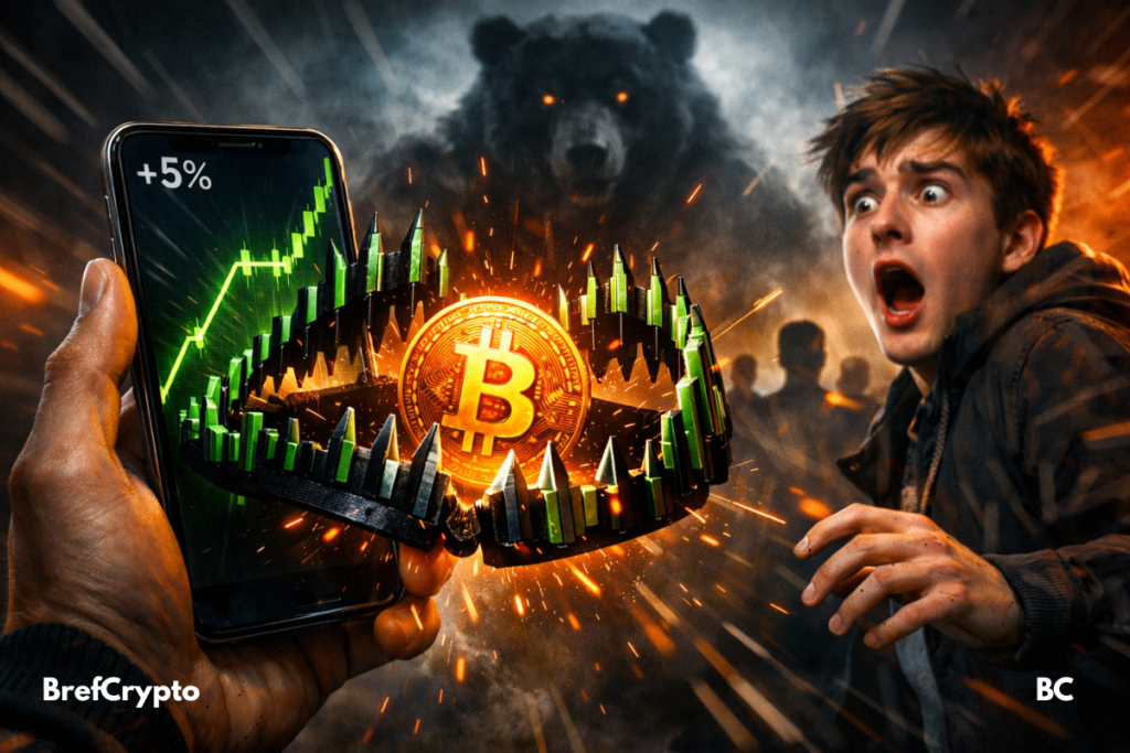 une pièce Bitcoin brille au centre d’un piège métallique