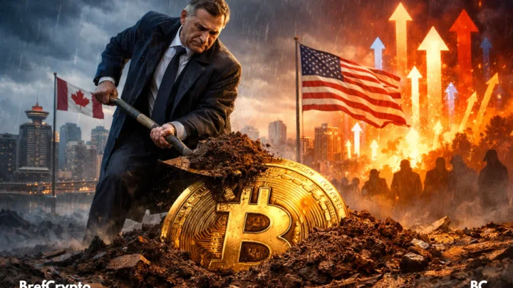 Homme enterre Bitcoin, Vancouver sombre, Amérique s’embrase en arrière-plan.
