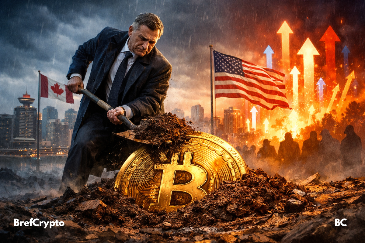 Homme enterre Bitcoin, Vancouver sombre, Amérique s’embrase en arrière-plan.