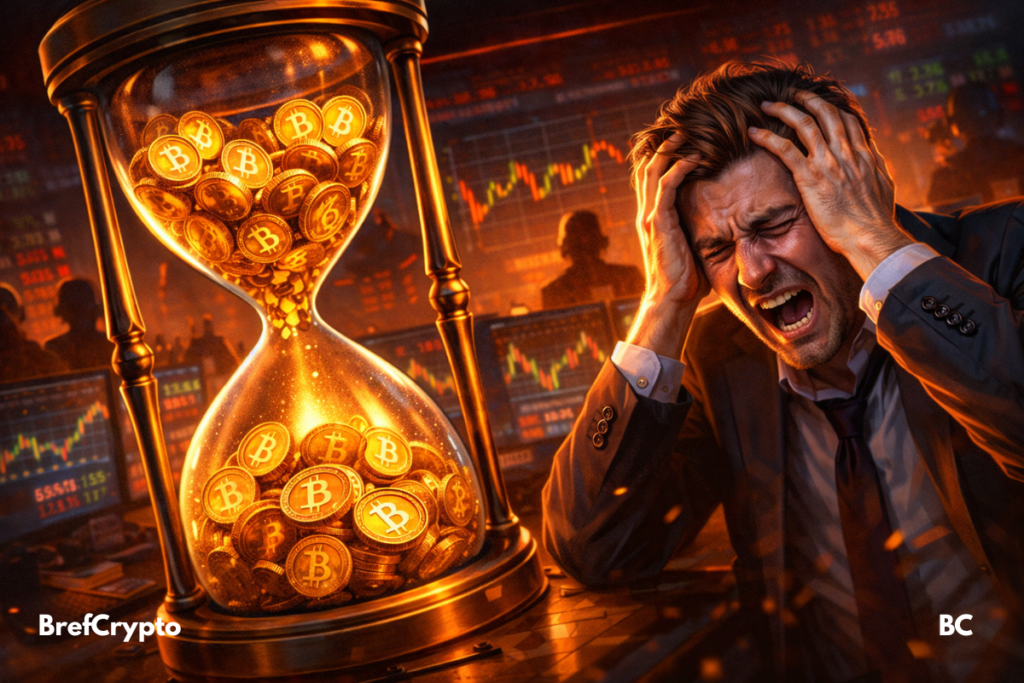 Trader frustré devant un sablier rempli de bitcoins.