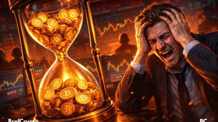 Trader frustré devant un sablier rempli de bitcoins.