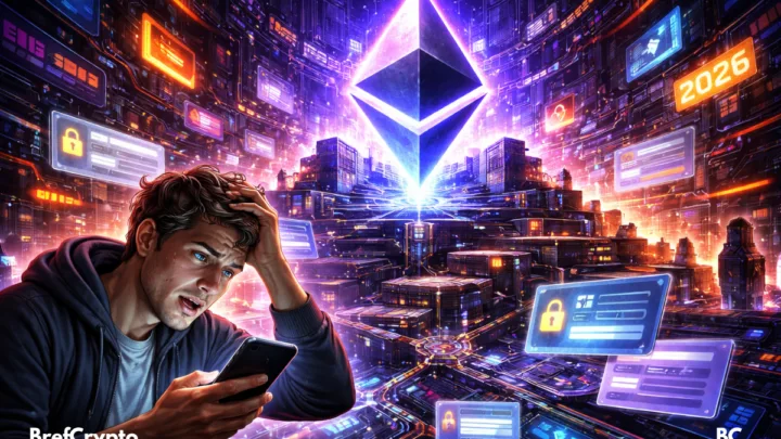 Utilisateur perdu face à un immense symbole Ethereum dans un décor complexe.