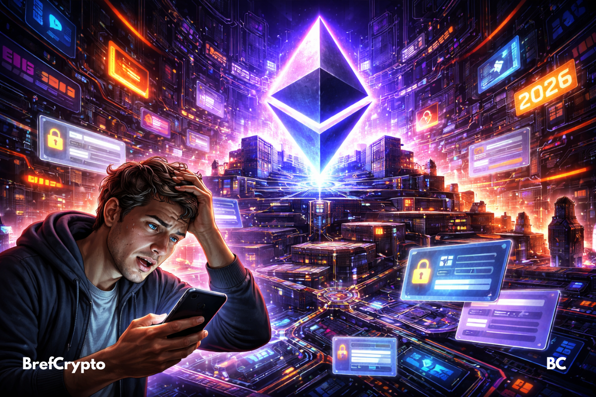 Utilisateur perdu face à un immense symbole Ethereum dans un décor complexe.