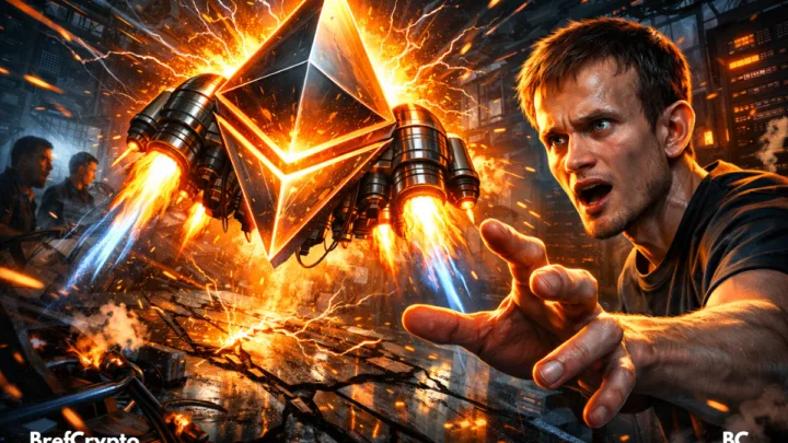 Vitalik Buterin face à un logo Ethereum propulsé comme une fusée dans un décor futuriste en feu.