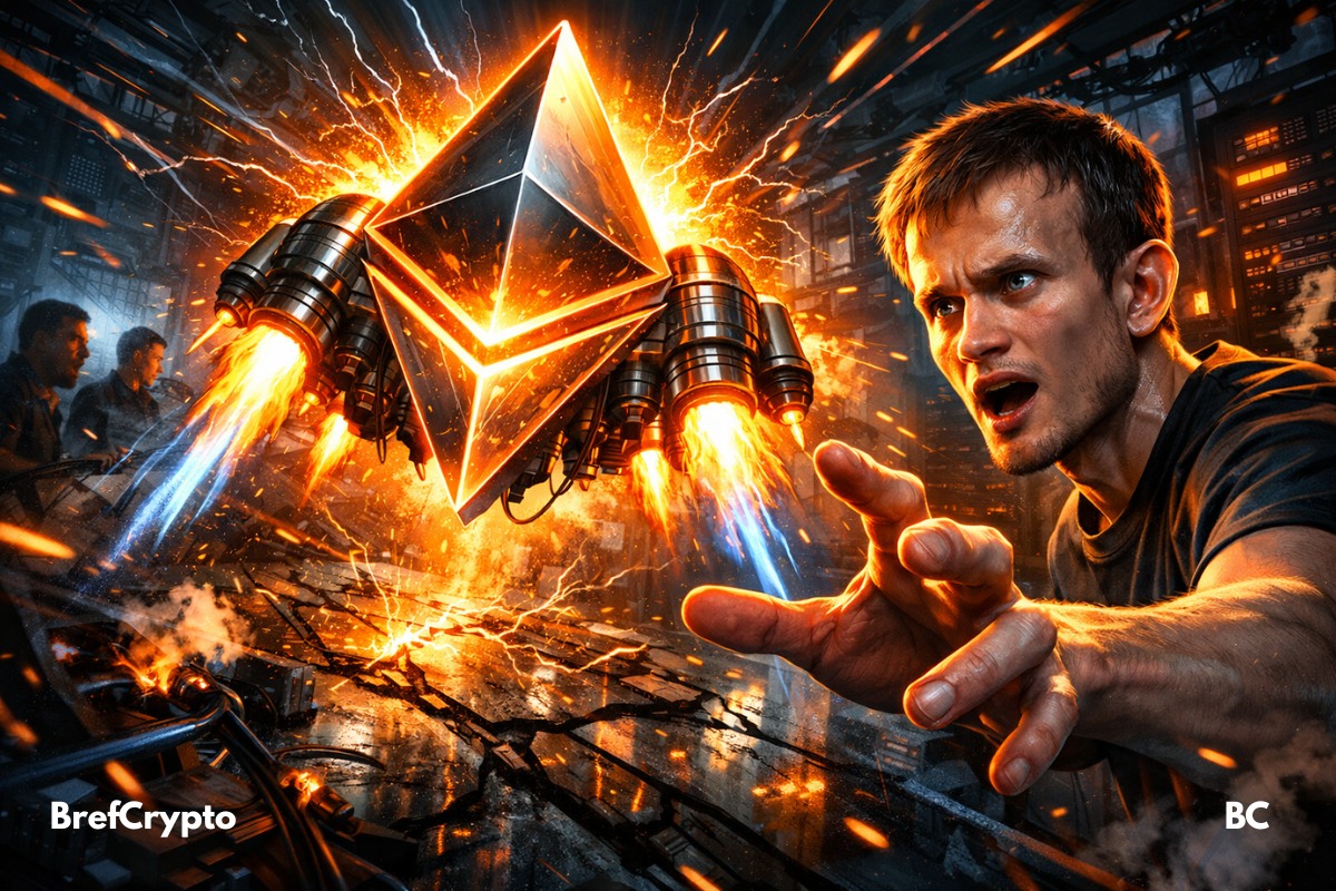 Vitalik Buterin face à un logo Ethereum propulsé comme une fusée dans un décor futuriste en feu.