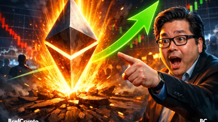 Logo Ethereum incandescent jaillit du sol fissuré, flèche verte ascendante, Tom Lee stupéfait, graphiques boursiers en arrière-plan dramatique.