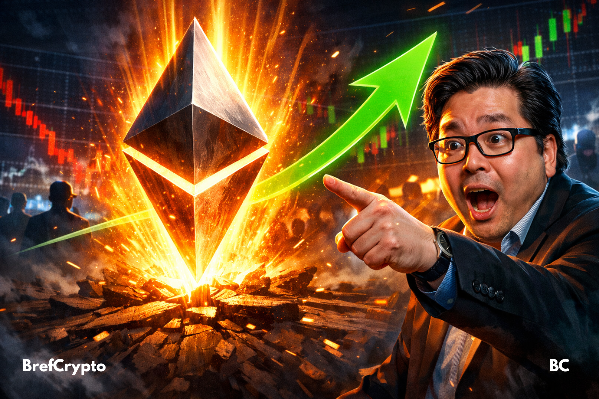 Logo Ethereum incandescent jaillit du sol fissuré, flèche verte ascendante, Tom Lee stupéfait, graphiques boursiers en arrière-plan dramatique.