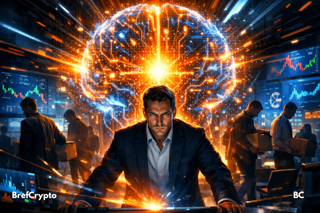 Dirigeant tendu devant un immense cerveau IA lumineux, tandis que des employés quittent un bureau high-tech sous tension dramatique.