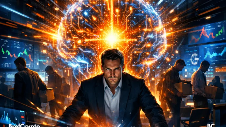 Dirigeant tendu devant un immense cerveau IA lumineux, tandis que des employés quittent un bureau high-tech sous tension dramatique.