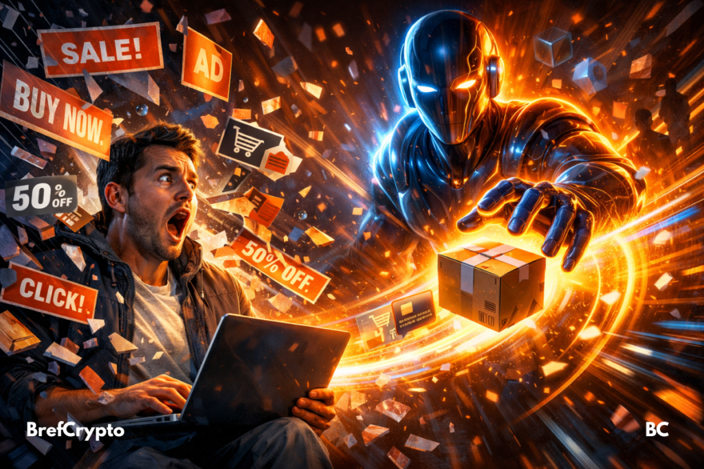 Homme choqué, robot IA saisit un colis, pubs explosent autour.