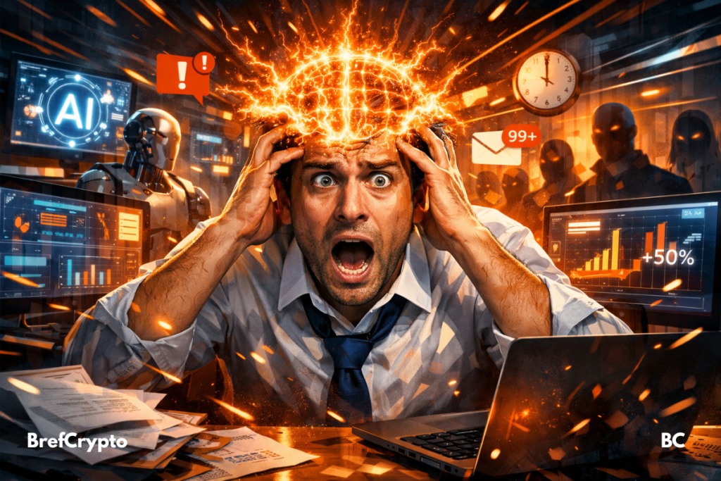 Illustration dramatique d’un employé IA de bureau paniqué