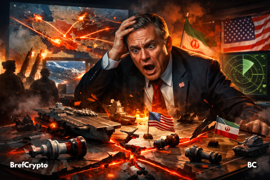 Responsable américain paniqué devant une carte de guerre en crise, avec drapeaux américain et de l' iran.