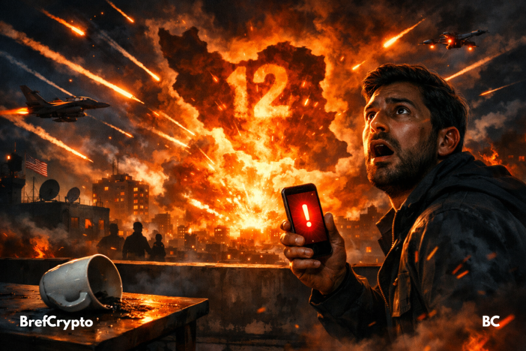 Homme choqué sur un toit, ciel en feu et missiles au-dessus d’une ville.