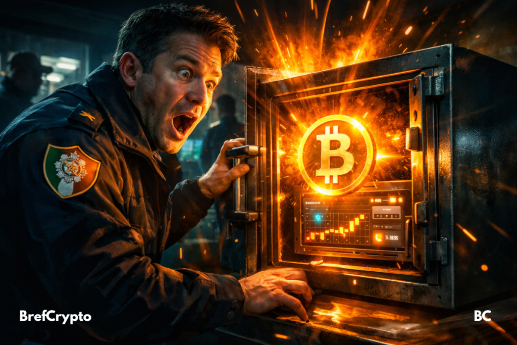 Policier irlandais stupéfait ouvrant coffre-fort d’où jaillit un Bitcoin incandescent.