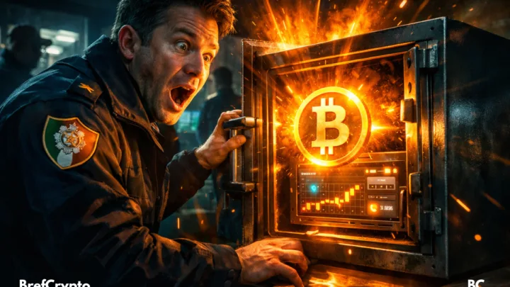Policier irlandais stupéfait ouvrant coffre-fort d’où jaillit un Bitcoin incandescent.