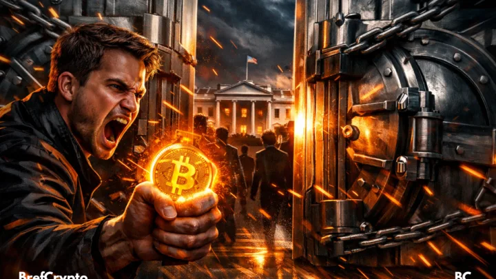 un bitcoin lumineux devant une porte bancaire géante,