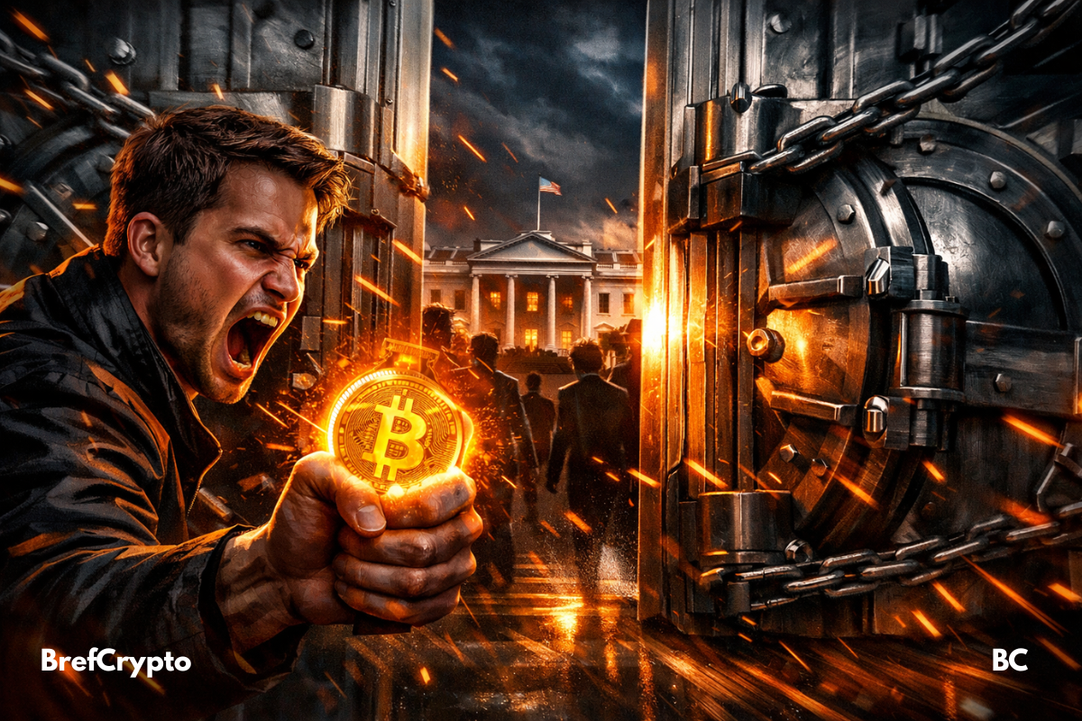 un bitcoin lumineux devant une porte bancaire géante,