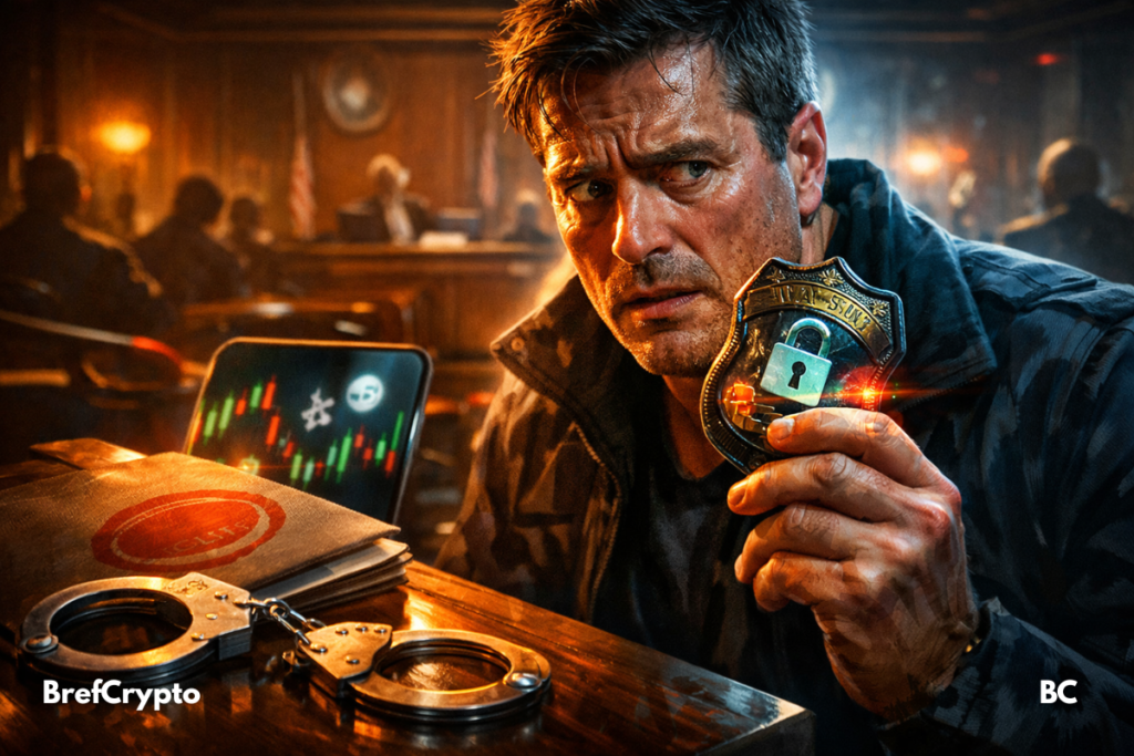 Ex-policier, badge et menottes, écran crypto flou.