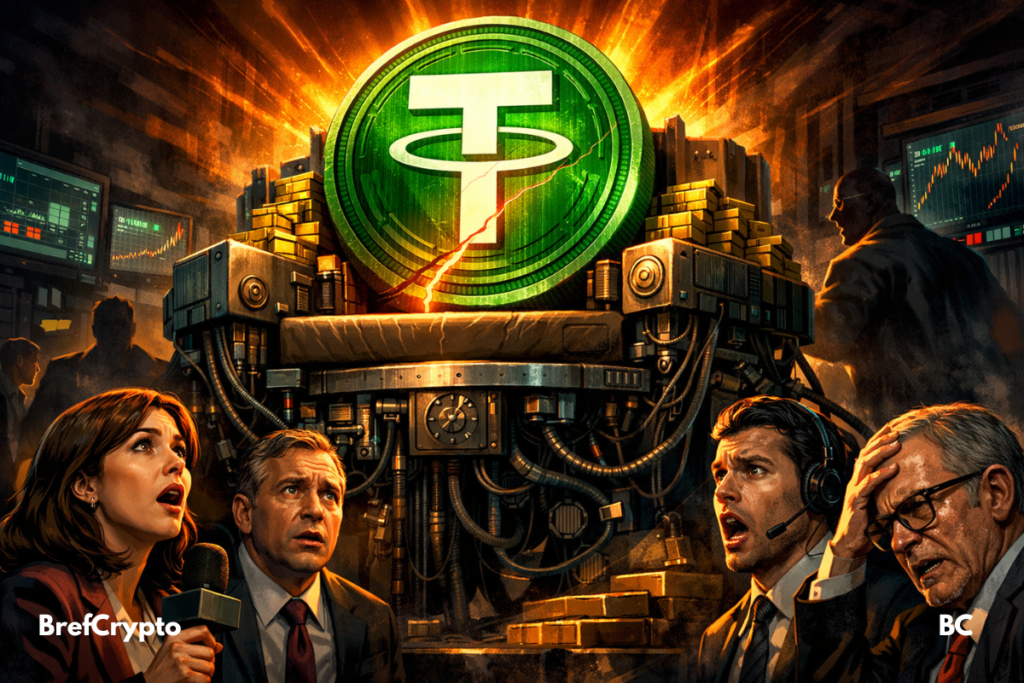 Pièce Tether géante sur un trône mécanique, entourée de visages inquiets.