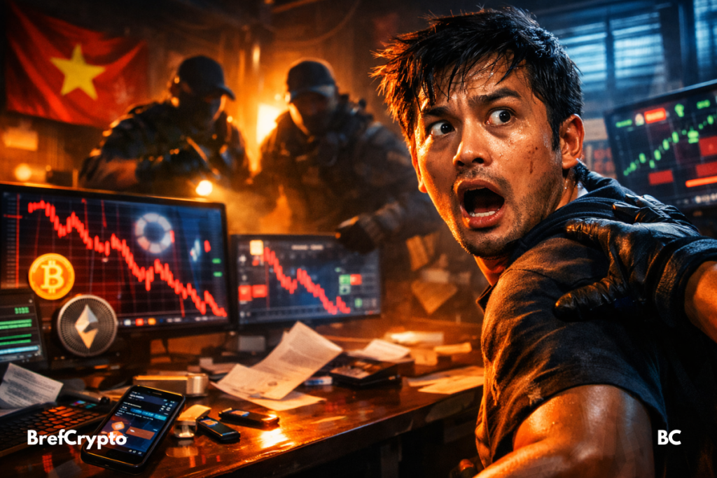 Crypto : le Vietnam arrête des suspects liés à ONUS dans une affaire de fraude Homme paniqué arrêté dans bureau crypto, écrans rouges, policiers, Vietnam.