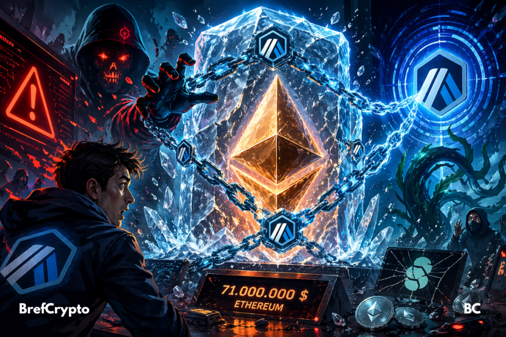 Illustration dramatique d’Ethereum gelé, entouré de chaînes, hackers et alertes.