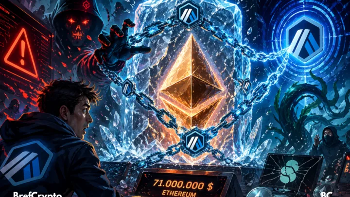 Illustration dramatique d’Ethereum gelé, entouré de chaînes, hackers et alertes.