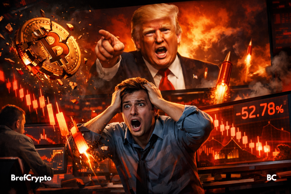 Trader paniqué devant des écrans rouges et un Bitcoin brisé.