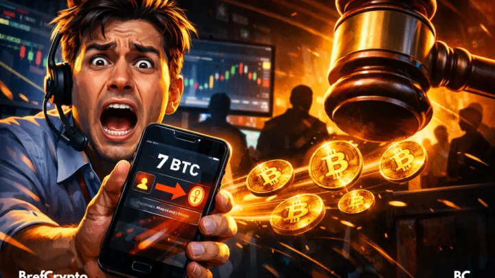 Employé paniqué montre téléphone, bitcoins s’envolent sous immense marteau judiciaire.