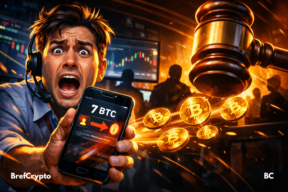 Employé paniqué montre téléphone, bitcoins s’envolent sous immense marteau judiciaire.